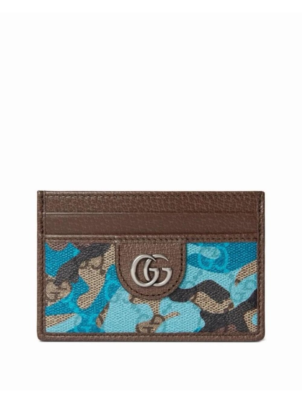 NWB Gucci GG Card Case Blue Camouflage Brown Leather 100% Authentic